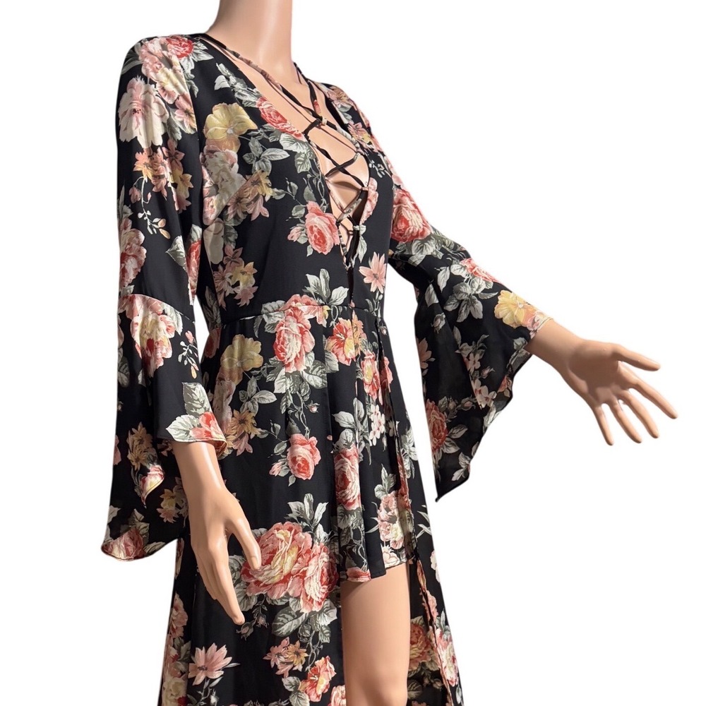 Haute Monde Floral Maxi Romper Black Bell Sleeve Lace Up Boho High Low Dress L